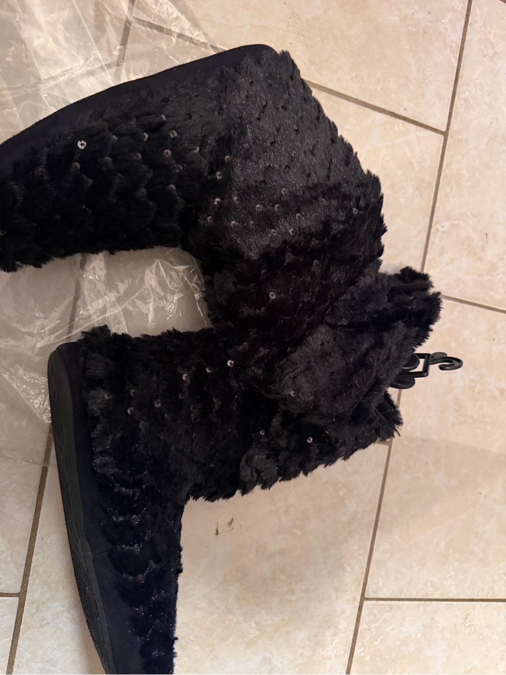 Cozy Black Faux-Fur Sequin Mid-Calf Winter Boots